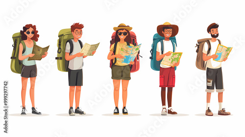 A group of tourists traveling with a backpack and map, on vacation. A collection of portraits of travelers.