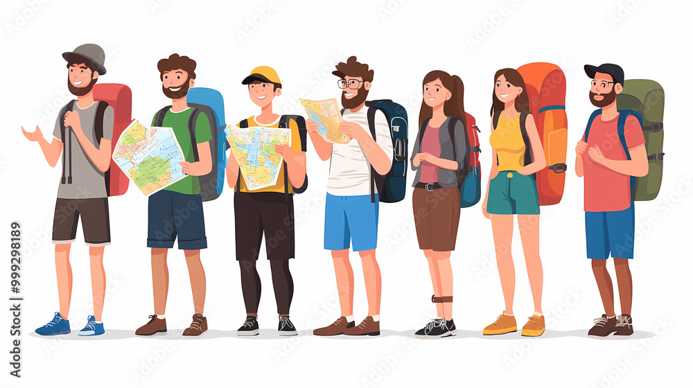 A group of tourists traveling with a backpack and map, on vacation. A collection of portraits of travelers. A group of tourists traveling with a backpack and map, on vacation. A collection of portraits of travelers.