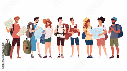 A group of tourists traveling with a backpack and map, on vacation. A collection of portraits of travelers.