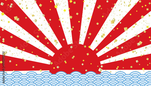 初日の出と青海波と金箔の和風バナー背景/赤・透過