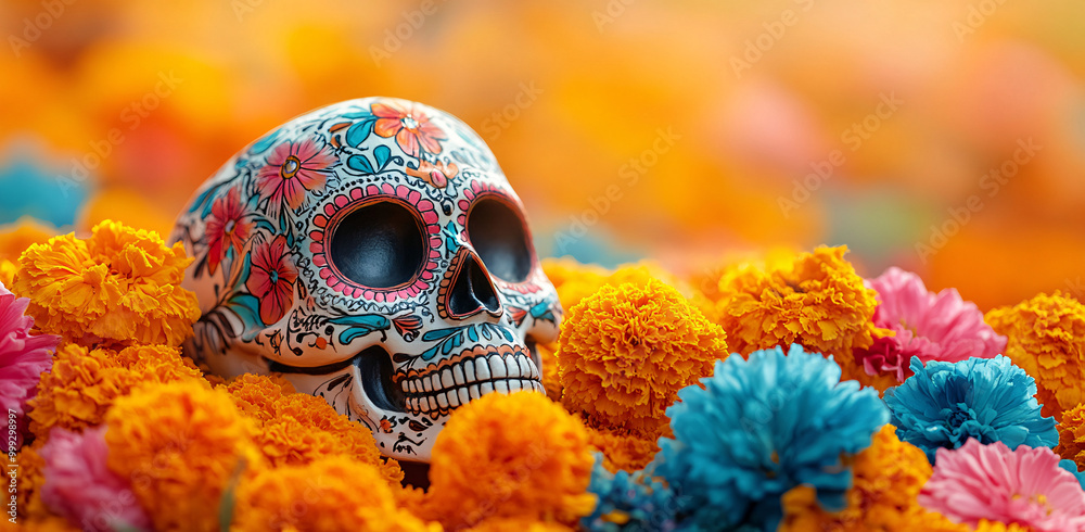 Colorful day of the dead celebration featuring a vibrant sugar skull adorned with intricate patterns, surrounded by an explosion of bright flowers. This image is suitable for use in celebrations,... Colorful day of the dead celebration featuring a vibrant sugar skull adorned with intricate patterns, surrounded by an explosion of bright flowers. This image is suitable for use in celebrations,...