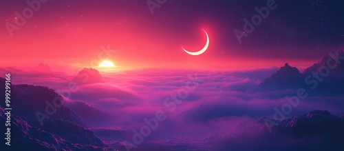 A crescent moon and the sun rise over a mountain range covered in fog and clouds. The sky is a vibrant pink and purple.