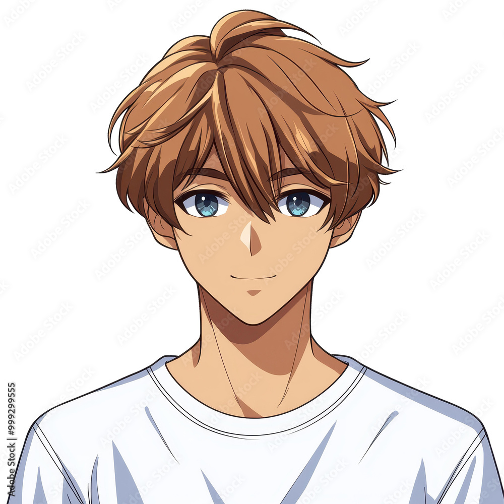 A young man illustrated in vibrant anime style, set against a classic white backdrop, showcasing his unique charm.