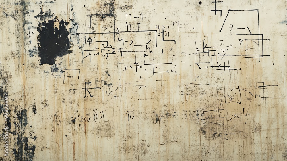 Fototapeta premium Abstract wall art featuring faded markings and textures, creating a unique blend of history and creativity.