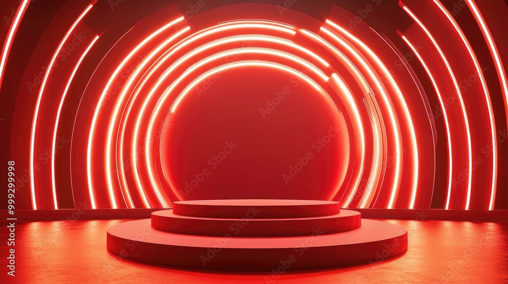 Naklejka premium Red Stage with Circular Neon Lights and Three-Tiered Platform