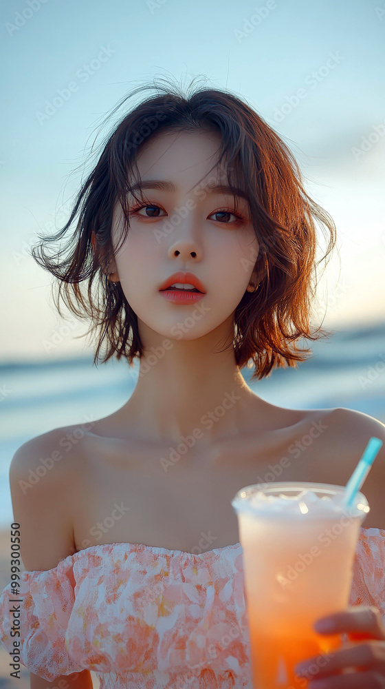 Young Korean woman filming a refreshing drink ad at a stunning beach, showcasing her elegant style and vibrant energy. Young Korean woman filming a refreshing drink ad at a stunning beach, showcasing her elegant style and vibrant energy.