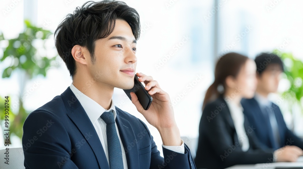 A focused professional converses on the phone in a bright office, embodying productivity and collaboration among colleagues. A focused professional converses on the phone in a bright office, embodying productivity and collaboration among colleagues.