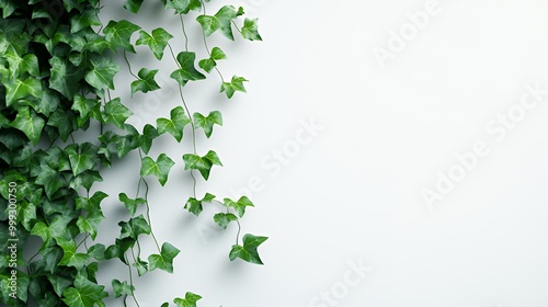 Green ivy plant climbing a white wall with copy space.