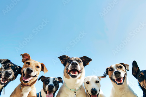 Group of smiling dogs sitting in a row on a blue background. Copy space.