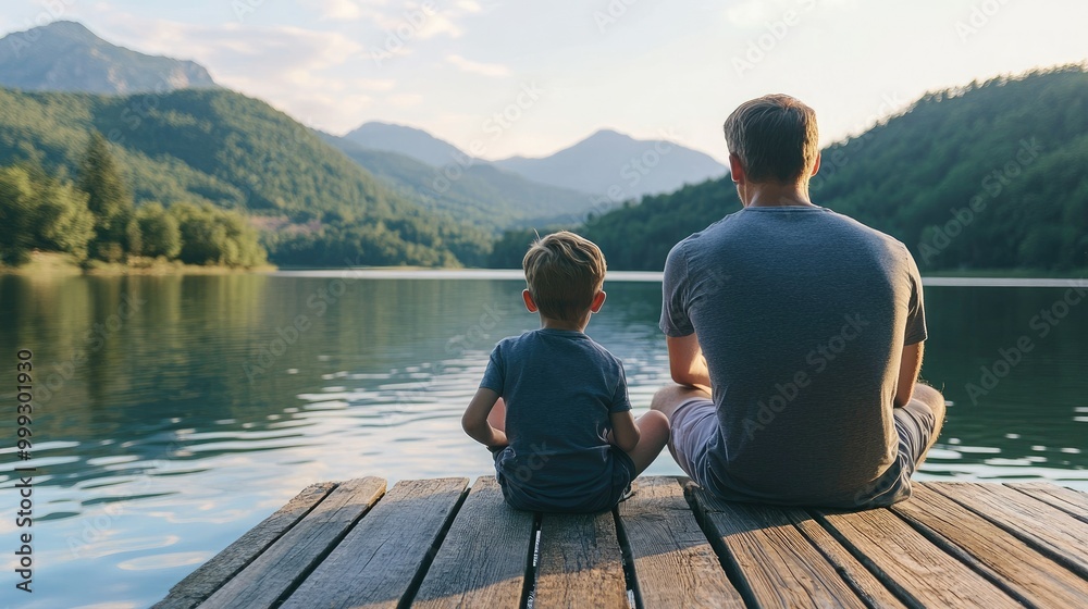 Back view of father and two children sitting together on jetty, Enjoying the mountain view from a wooden pier Back view of father and two children sitting together on jetty, Enjoying the mountain view from a wooden pier