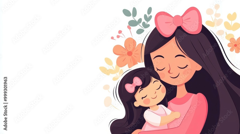 A joyful mom in a pink dress embraces her baby girl, who wears a big pink bow, in this charming cartoonstyle illustration. A joyful mom in a pink dress embraces her baby girl, who wears a big pink bow, in this charming cartoonstyle illustration.