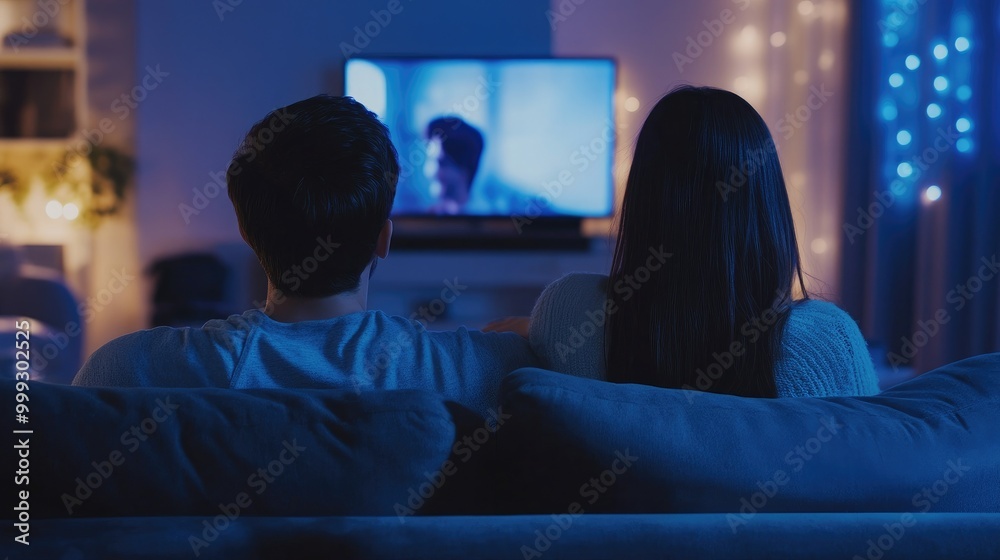 Back view of young couple sitting on couch watching tv at home Back view of young couple sitting on couch watching tv at home