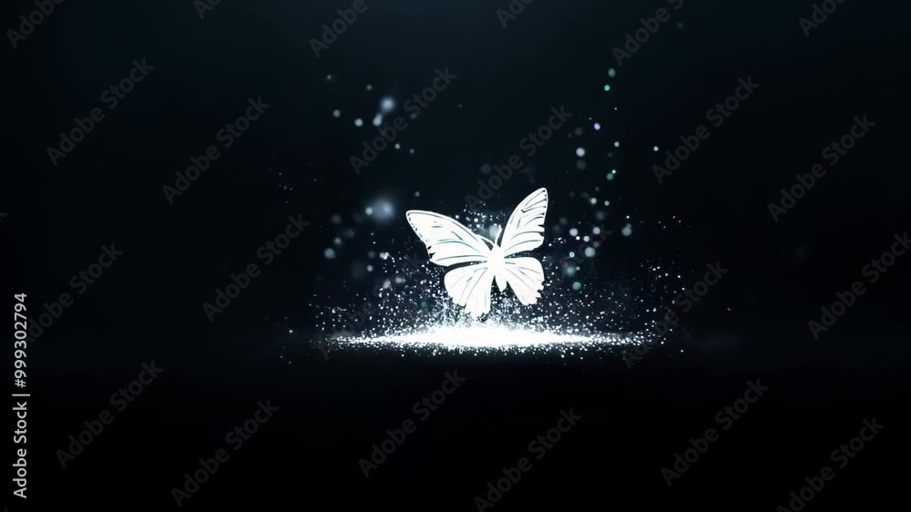 Monochromatic surreal image of a butterfly disintegrating into particles. Dark reflective surface creates a mirror effect.