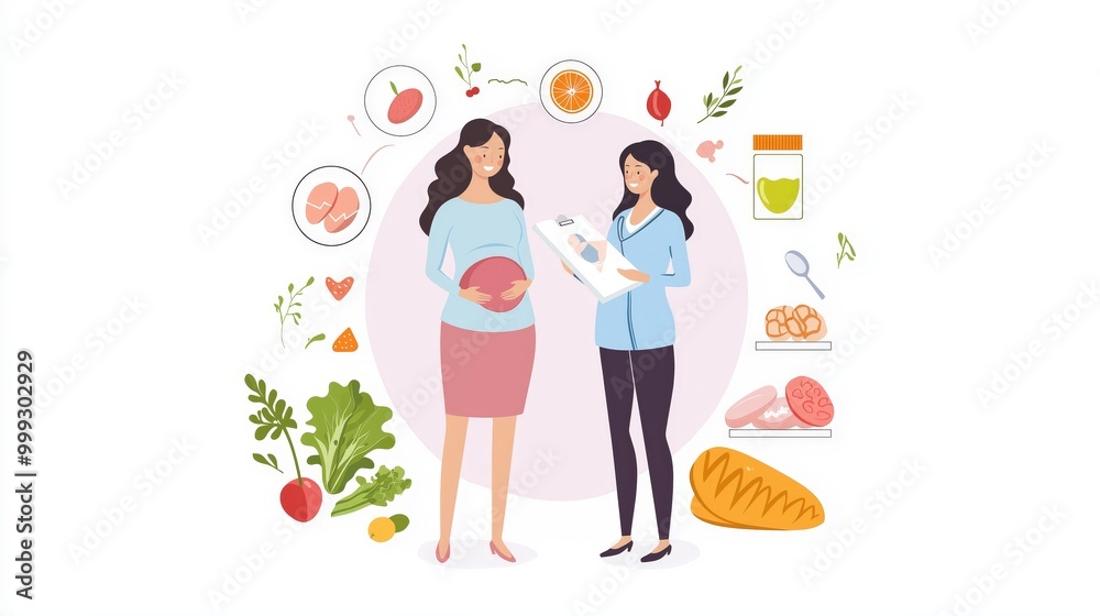 A nutritionist guides a pregnant woman on healthy eating with colorful food illustrations and dietary advice.