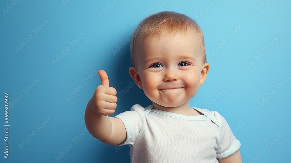Cute baby boy giving a thumbs up on blue background, banner concept Cute baby boy giving a thumbs up on blue background, banner concept