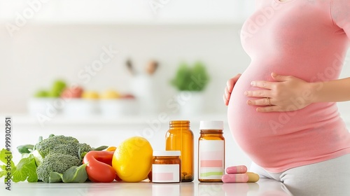 A pregnant woman holds her belly with healthy food and vitamins in the foreground, emphasizing nutrition during pregnancy.