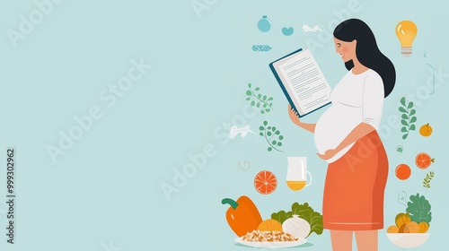 A pregnant woman reading a book about nutrition surrounded by fresh fruits and vegetables, promoting healthy lifestyle choices. photo