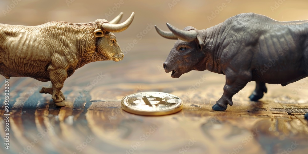Fototapeta premium Realistic Bitcoin Representation with Bull and Bear Figures in the Background, Emphasizing Market Uncertainty.