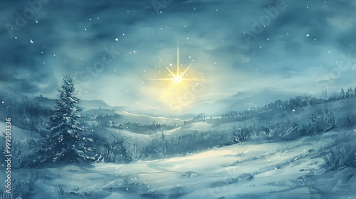 A Christmas star shining brightly over a quiet, snowy landscape, the watercolor strokes creating a soft and ethereal glow, Generative AI