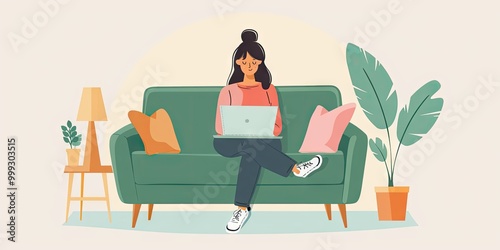 Relaxed Female Freelancer Working on Laptop While Seated on a Mint Green Couch at Home.