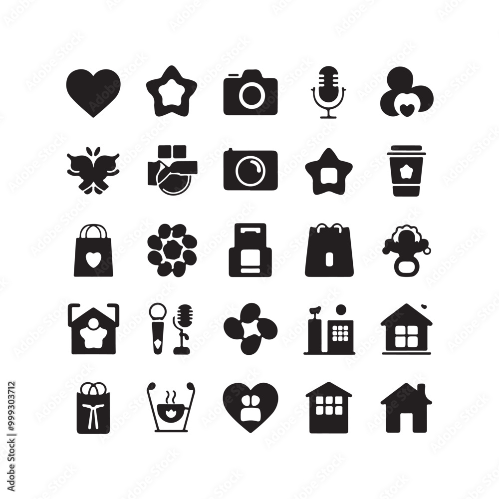 A vector silhouette image of a Black Filled Icons Set A vector silhouette image of a Black Filled Icons Set