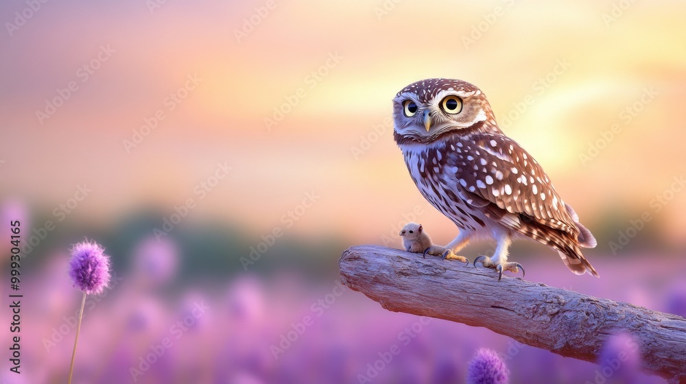Charming Owl and Chick Amidst Lavender Fields Charming Owl and Chick Amidst Lavender Fields