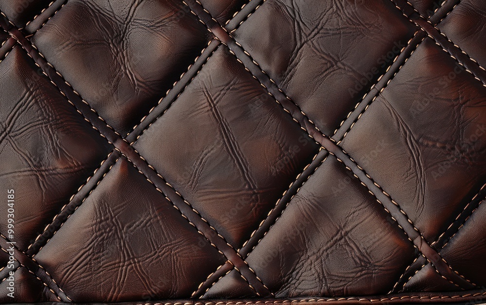 Obraz premium Close-up of brown stitched leather texture with a quilted pattern. Leather material and upholstery concept for design and print.