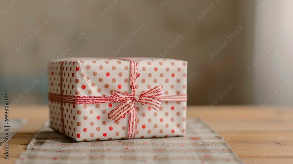 Beautifully Wrapped Gift Box with Red and White Polka Dot Ribbon Bow on Rustic Wooden Surface Perfect for Birthday Holiday or Any Special Beautifully Wrapped Gift Box with Red and White Polka Dot Ribbon Bow on Rustic Wooden Surface Perfect for Birthday Holiday or Any Special