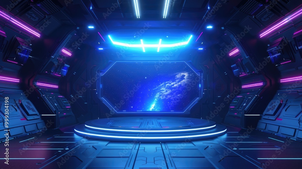 Futuristic Spaceship Interior with Neon Lights and Starry Viewport Futuristic Spaceship Interior with Neon Lights and Starry Viewport