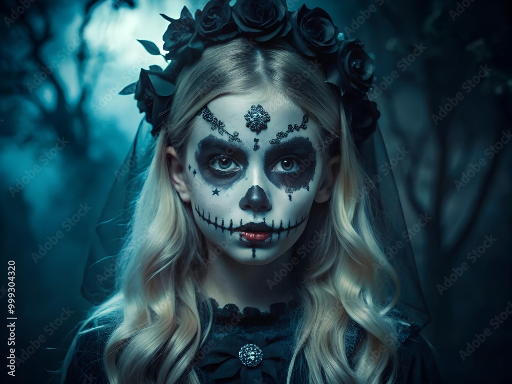 Kids Halloween Make-Up Style. Blond Model Wear Sugar Skull Makeup with Black Roses. Santa Muerte concept Kids Halloween Make-Up Style. Blond Model Wear Sugar Skull Makeup with Black Roses. Santa Muerte concept