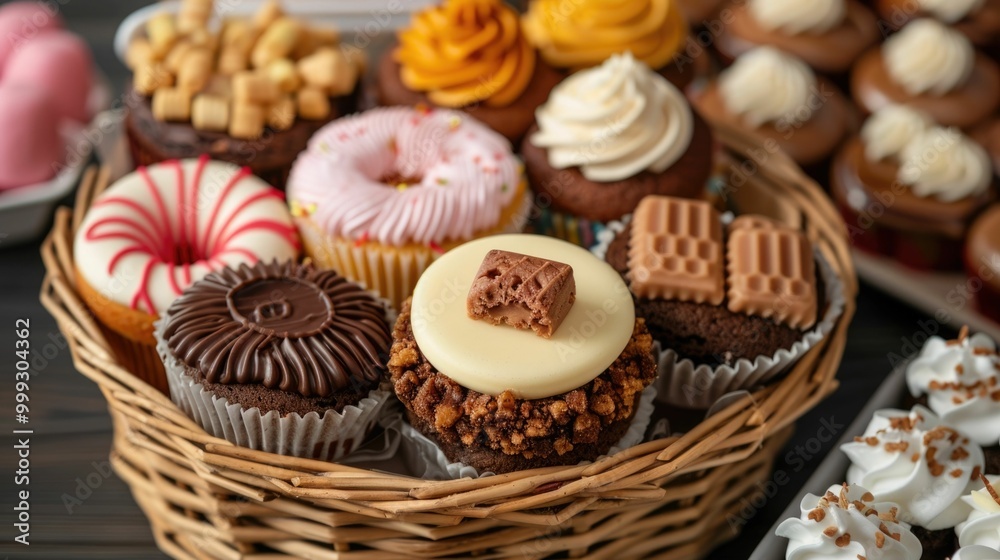 Delightful birthday gift basket overflowing with an assortment of decadent treats pastries candies and other sweet confectionery goodies with a deep depth of field for a premium gourmet presentation Delightful birthday gift basket overflowing with an assortment of decadent treats pastries candies and other sweet confectionery goodies with a deep depth of field for a premium gourmet presentation