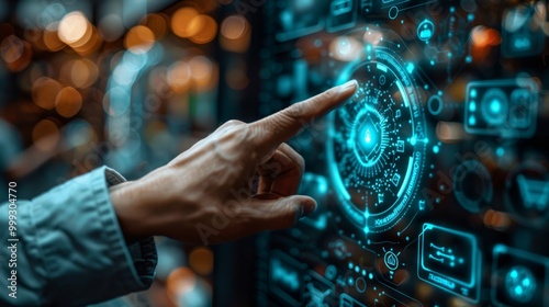 Close up of male hand pointing at round online shopping hologram on blurry dark background. E-commerce and technology concept 