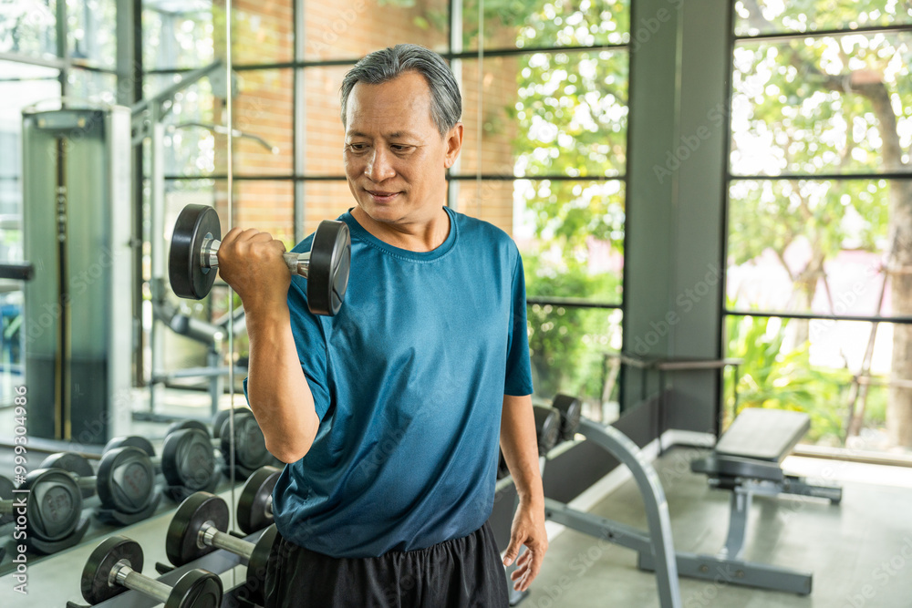 Old man weight training wearing sportswear. Asian mature exercise indoor gym lifting dumbbell. Old Bodybuilder good health. Fitness man with dumbbell in gym. Old man weight training wearing sportswear. Asian mature exercise indoor gym lifting dumbbell. Old Bodybuilder good health. Fitness man with dumbbell in gym.