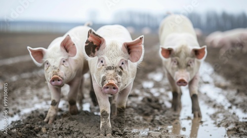 A group of cheerful pigs playing and rolling around happily in a muddy pen on a farm surrounded by the natural environment of their habitat The pigs are enjoying their muddy playground