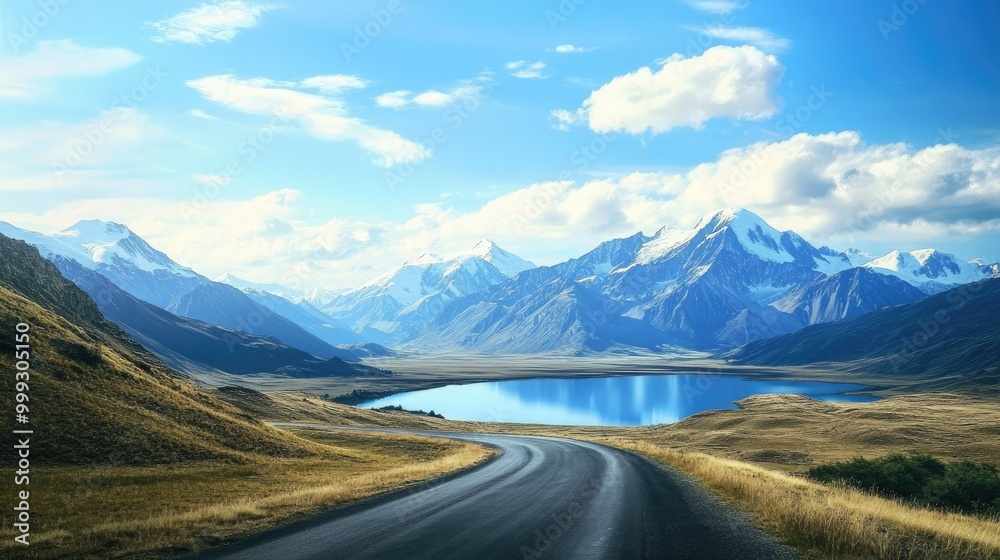 Beautiful mountain range with straight road highway. A long straight road leading towards a snow capped mountain Beautiful mountain range with straight road highway. A long straight road leading towards a snow capped mountain