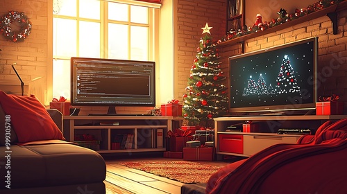 A cozy Christmas living room features a decorated tree, gifts, and a television, creating the perfect holiday setting. photo