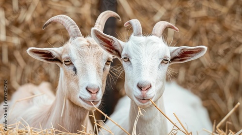 Closeup of Two Goats Chewing on Hay in a Rustic Barn Farm Animals Feeding During Feeding Time with Shallow Depth of Field