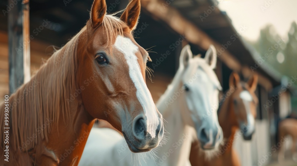 Fototapeta premium Horses Being Groomed and Cared for in a Stable on a Farm or Ranch Domestic Farm Animals Receiving Maintenance and Attention from Caretakers