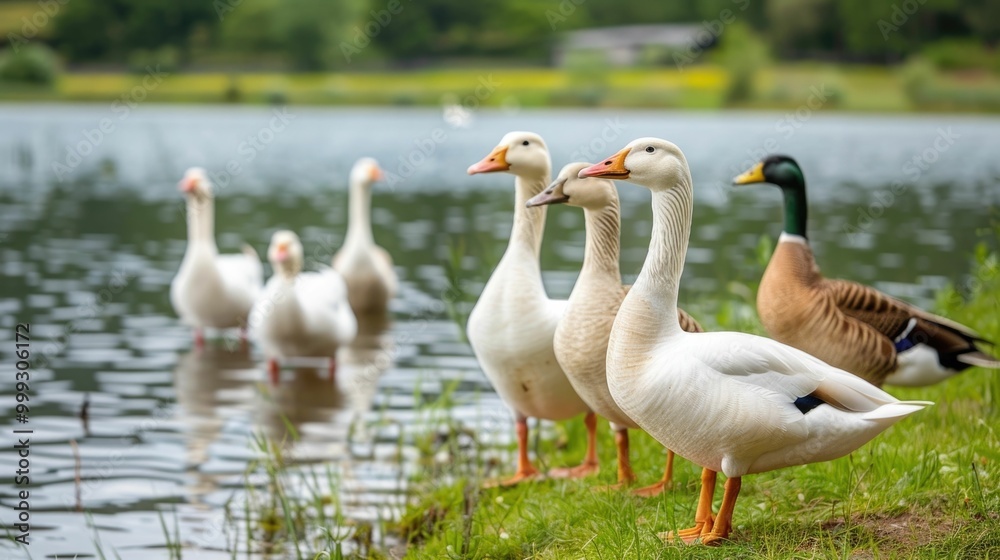A peaceful scene of geese and ducks coexisting harmoniously by a serene pond surrounded by the lush greenery of a picturesque farm countryside A peaceful scene of geese and ducks coexisting harmoniously by a serene pond surrounded by the lush greenery of a picturesque farm countryside