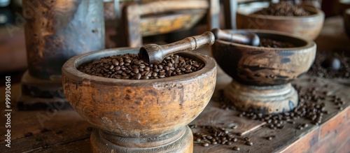 Grinding Coffee Beans With Antique Wooden Mortars