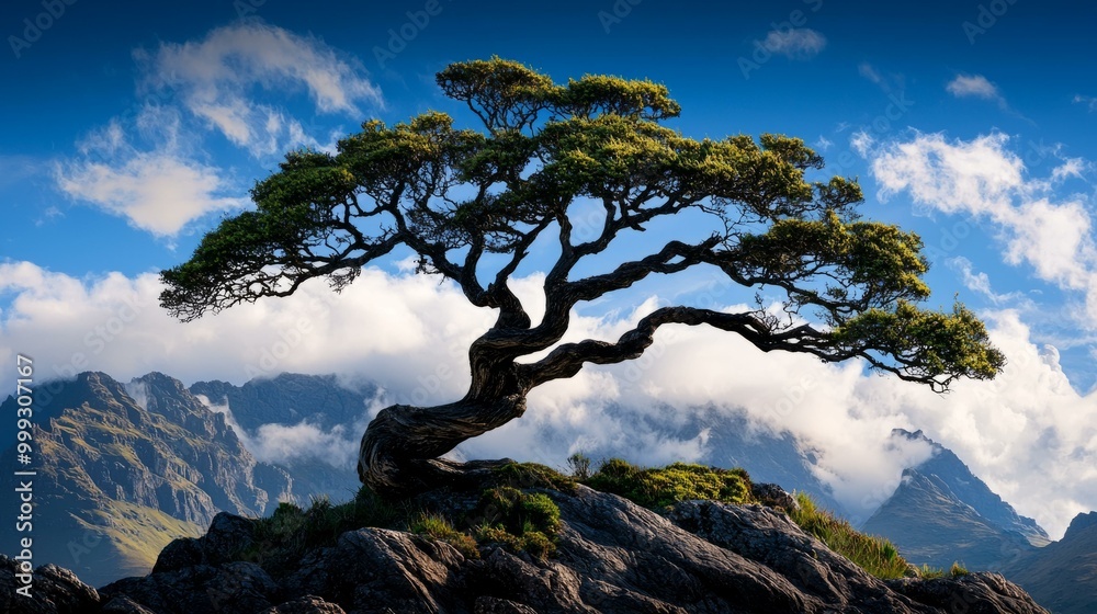 Obraz premium Single majestic tree on rocky landscape with mountains in the background and vibrant sky.