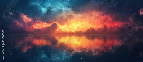 A surreal sunset with vibrant colors reflected in still water with a starry sky.