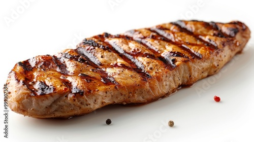 Delicious Grilled chicken breast isolated on white background. Chicken steak fillet grilled. Cooked Chicken breast meat flying in the air. Floating grilled meat fillet, steak. Grilled chicken steak.