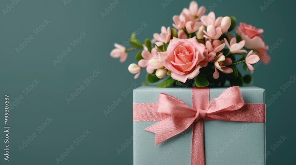 Beautifully decorated gift box with a lush floral arrangement of pink roses and greenery creating an elegant and romantic scene perfect for a birthday anniversary or any special Beautifully decorated gift box with a lush floral arrangement of pink roses and greenery creating an elegant and romantic scene perfect for a birthday anniversary or any special