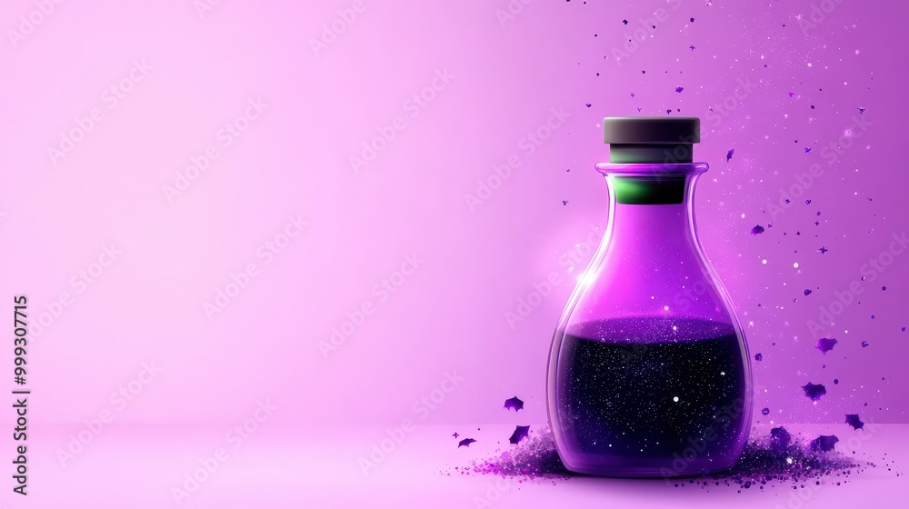 Purple potion in a glass bottle with sparkles on a soft gradient background. Purple potion in a glass bottle with sparkles on a soft gradient background.