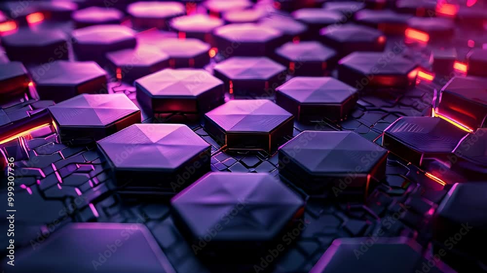 Abstract futuristic hexagonal surface with neon lights in purple and red, creating a high-tech and modern visual effect. Abstract futuristic hexagonal surface with neon lights in purple and red, creating a high-tech and modern visual effect.