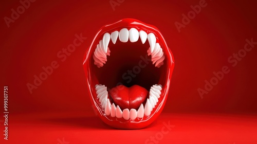 Red open mouth with sharp teeth on a solid background photo