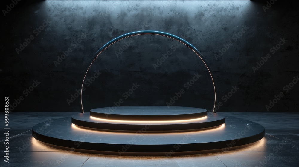 Illuminated Black Marble Podium with Glowing Arc in a Dark Room