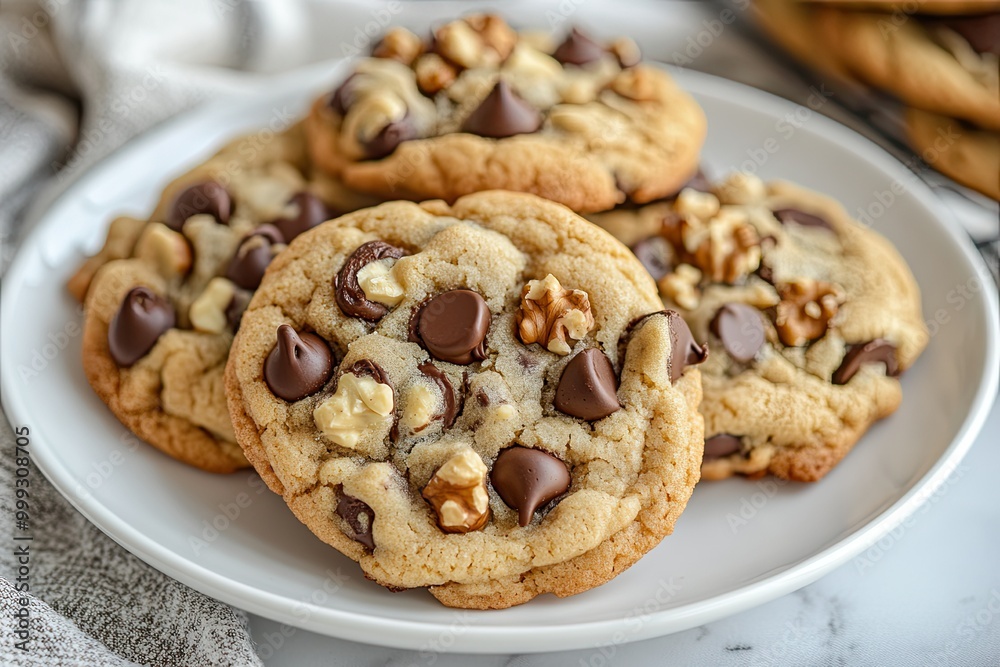 Soft Chewy Chocolate Chip with Chocolate Chip Walnut Cookies on white plate Soft Chewy Chocolate Chip with Chocolate Chip Walnut Cookies on white plate
