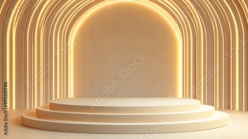 Three-Tiered Circular Platform with Glowing Archway Backdrop